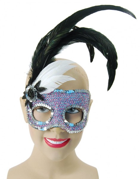 Fioletowo-turkusowa cekinowa maska z dekoracją z piór