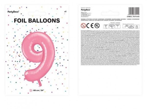 Nummer 9 folieballon roze 86cm 2