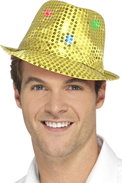 Sombrero de lentejuelas doradas con luces LED