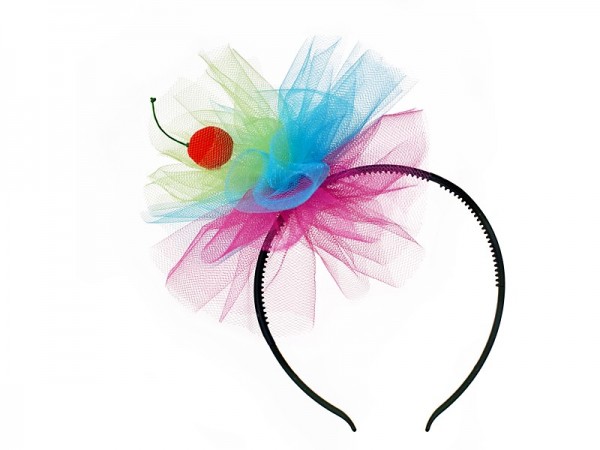 Rainbow headband with tulle and cherry appliqué