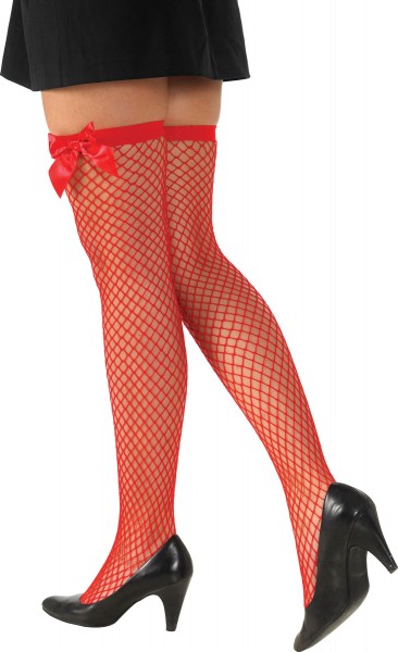 Red overknee fishnet stockings with side bow for women