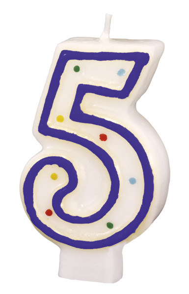 Number 5 cake candle white with colored dots 7.5cm
