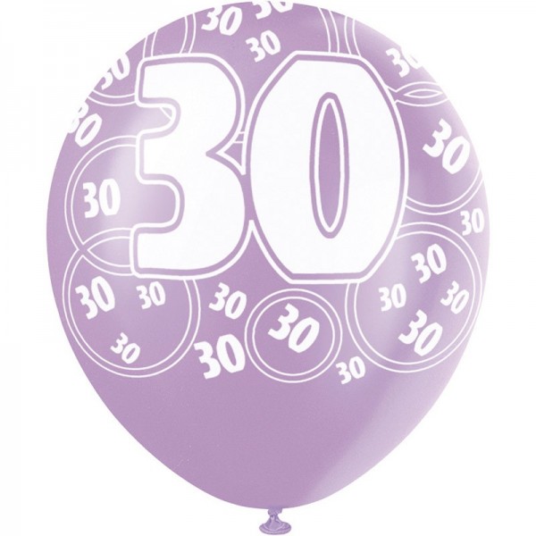 Mix of 6 30th birthday balloons pink 30cm 2