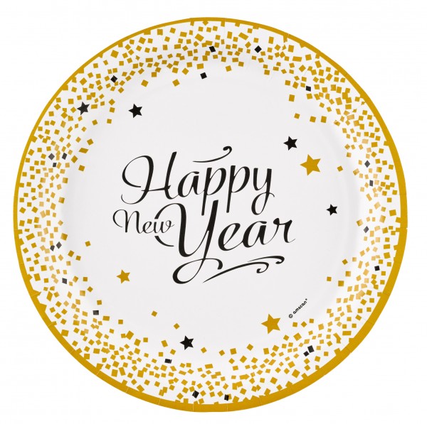 8 Golden New Year Paper Plates 23cm