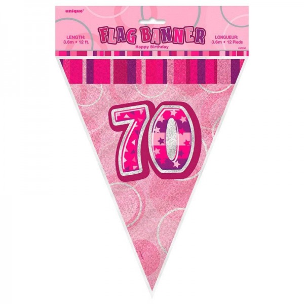 Chaîne de fanion Happy Pink Sparkling 70e anniversaire 365cm