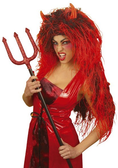 Demonisk röd djävul huvud av hår peruk
