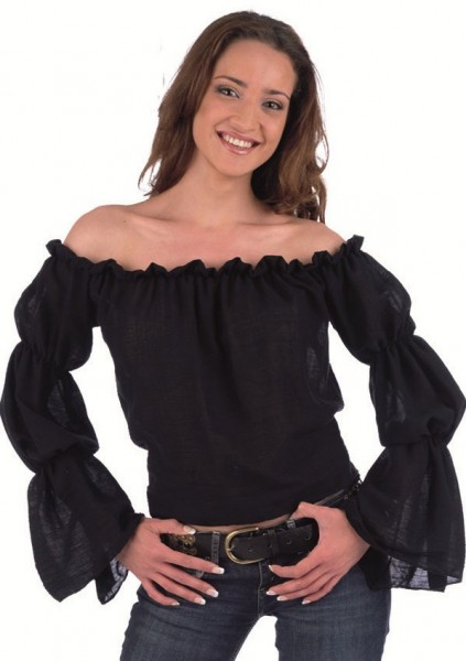 Blusa Carmen negra con mangas abullonadas para mujer