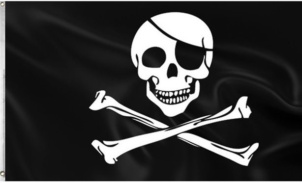 Fahne Flagge der Piraten weißer Totenkopf auf schwarz mit Stab
