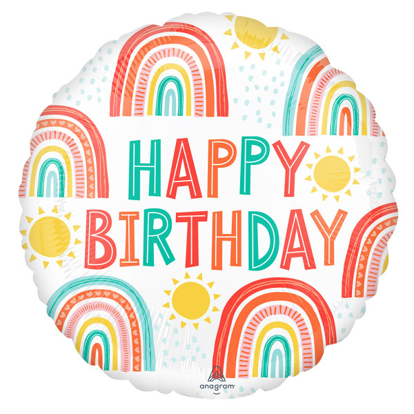 Retro regnbåge Happy Birthday folieballong 45cm