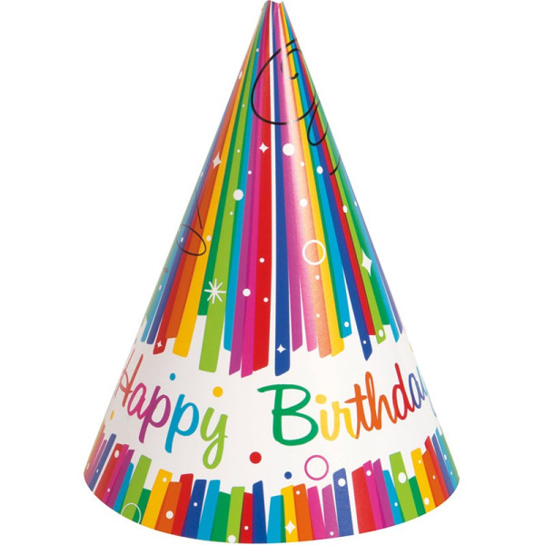 8 cappelli da festa Happy Birthday Rainbow Swirl 15cm