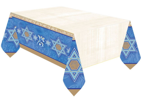 Blue and gold tablecloth Happy Hanukkah