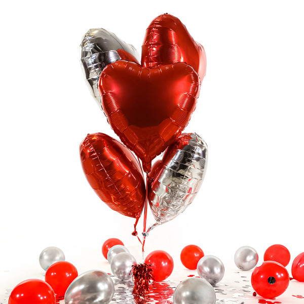 5 Heliumballons in der Box mixed Red & Silver Hearts