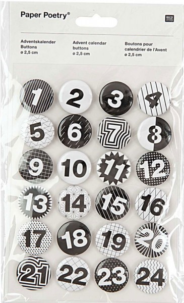 24 Adventskalender Zahlen Button schwarz-weiß