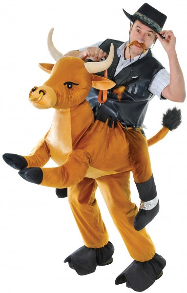 Cowboy piggybacking on bull costume