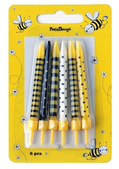 6 birthday candles bees including holders 6cm 2