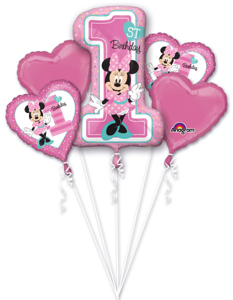 5 balloons Minnie Mouse 1st birthday pink