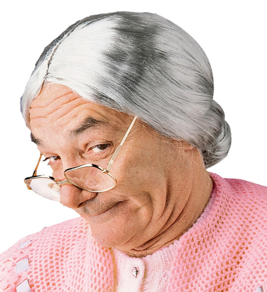 Peluca de abuela con moño gris plateado