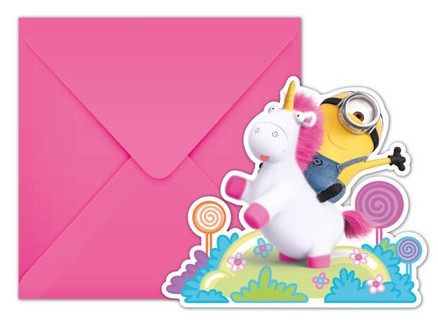 6 Minions invitation cards unicorn love