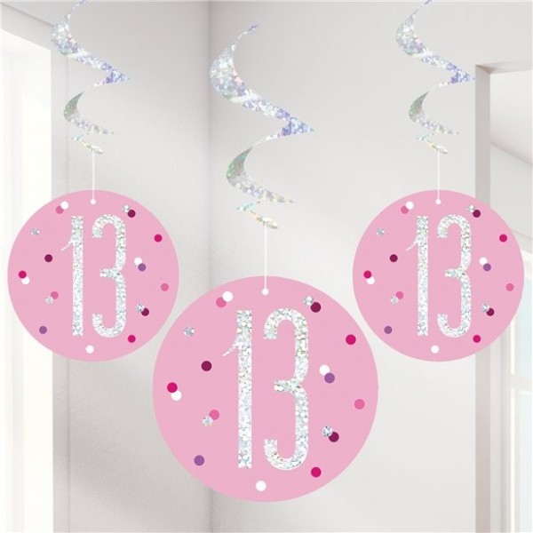 6 Pink Dots 13th Birthday spiral hangers 80cm
