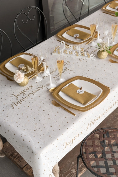 Joyeux Anniversaire tafelkleed wit-goud 3 x 1.2m 4
