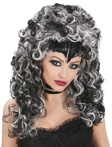 Halloween wig curls black and white pompous