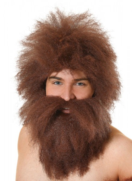 Perruque Wuschel de l'âge de pierre marron avec barbe