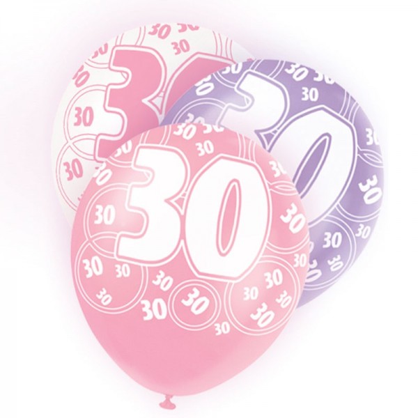 Mix of 6 30th birthday balloons pink 30cm