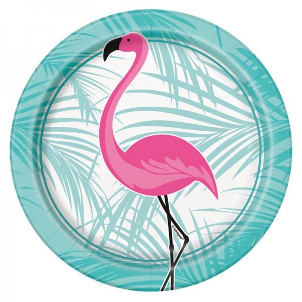 8 tropiska flamingo-papperstallrikar 18cm