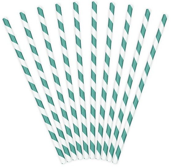 10 pailles en papier rayé turquoise 19,5 cm