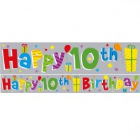 Farverigt 10. fødselsdag folie banner holografisk 2,6 m
