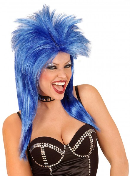 Blue 80s rock star wig