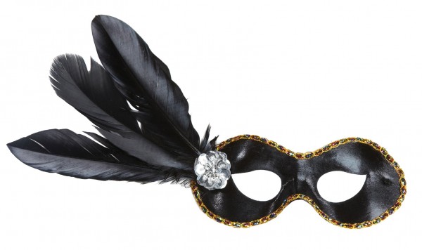 Máscara de dominó negra con decoración de plumas