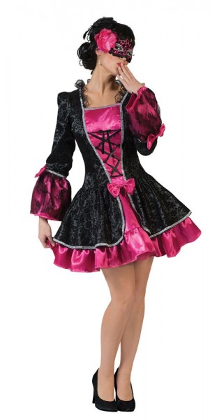 Krótka rozkloszowana sukienka w stylu barokowym, różowo-czarna dla kobiet