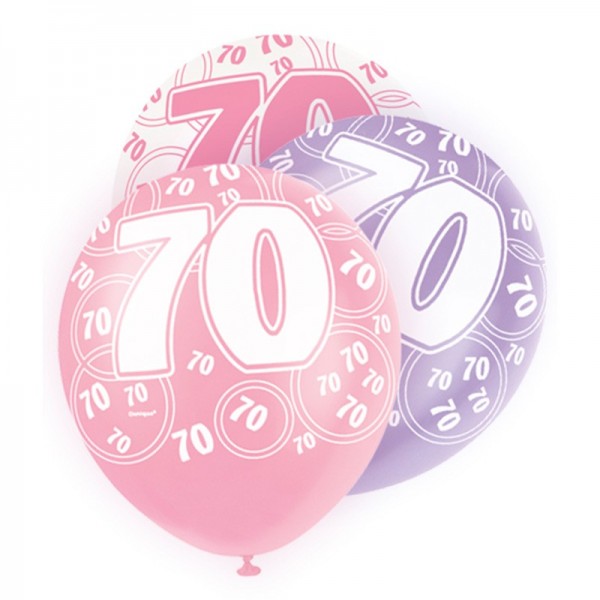 Mix van 6 70e verjaardagsballons roze 30m