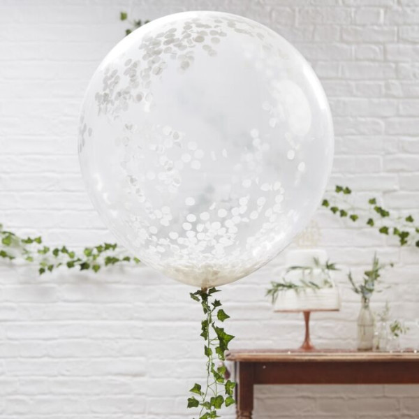 3 globos XL con confeti plateado 91cm