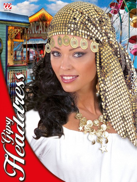 Fortune teller in sequin headscarf with coins