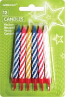 12 colorful birthday cake candles with white stripes including holders