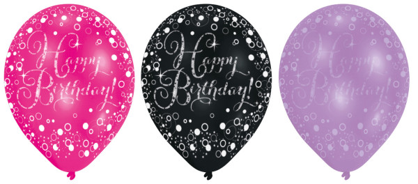 6 sprankelende ballonnen Happy Birthday roze paars zwart