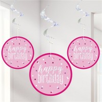 Set of 6 Happy Birthday pink swirls hanging decoration 80cm