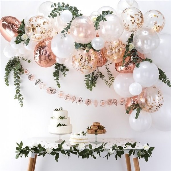 Rose gold balloon arch with 70 balloons