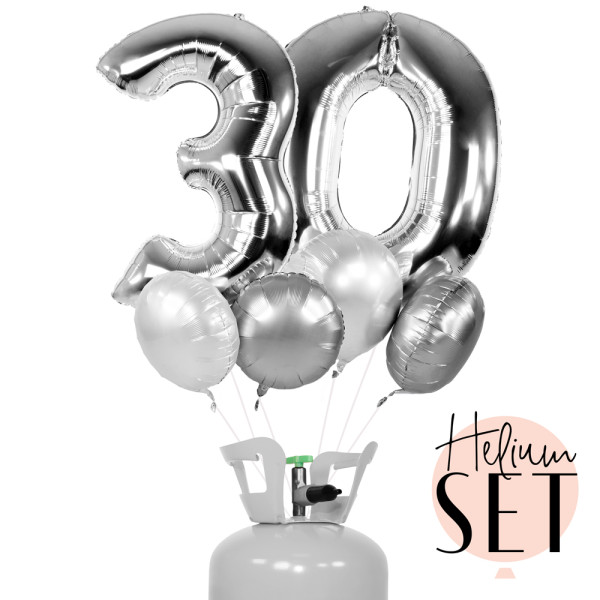 XXL Zahl 30 Silber Ballonbouquet-Set mit Heliumbehälter