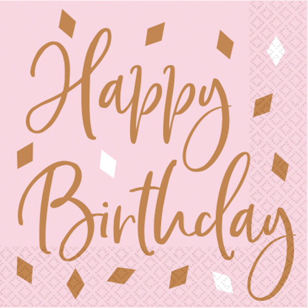 16 Happy Birthday servetter glitter roséguld