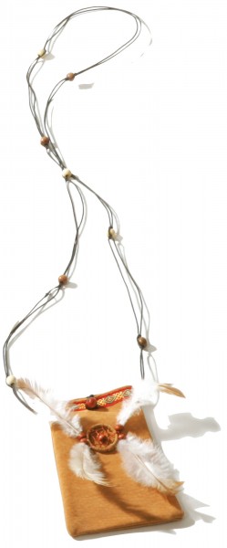 Neck pouch with pearls & feather decoration
