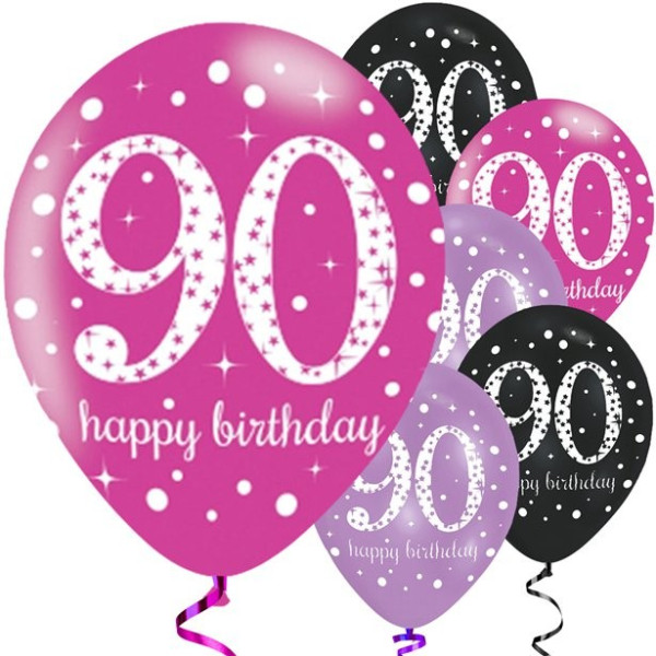 6 lyserøde 90-års fødselsdag latexballoner 28cm