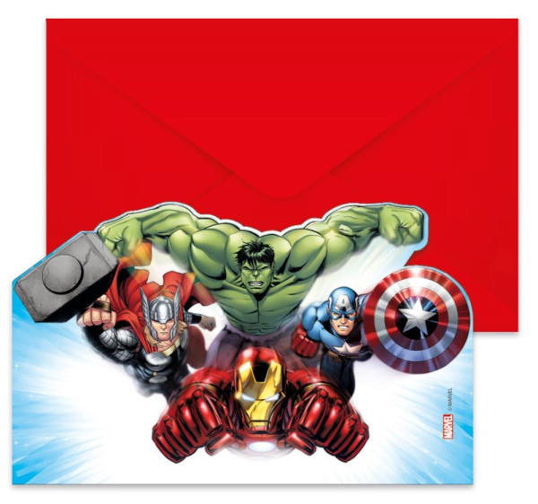 6 Avengers Heroes invitation cards with envelope