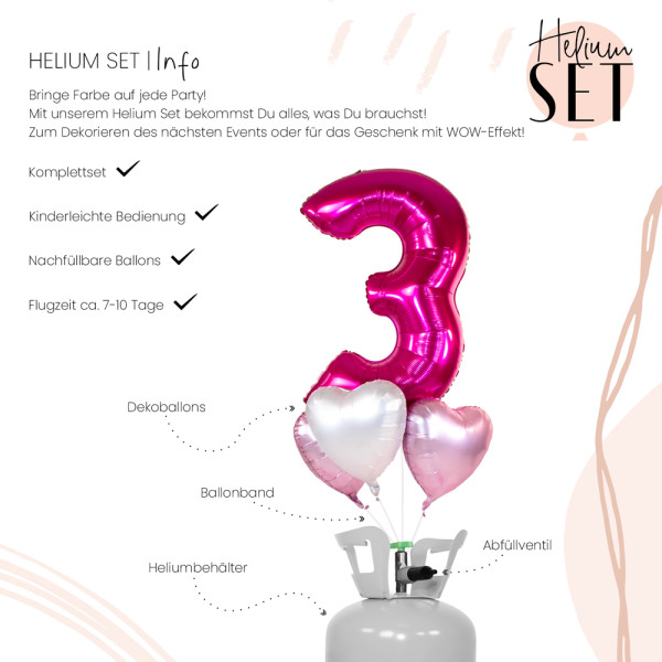 XXL Zahl 3 Pink Ballonbouquet-Set mit Heliumbehälter 3