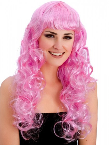 Pink curly wig with bangs