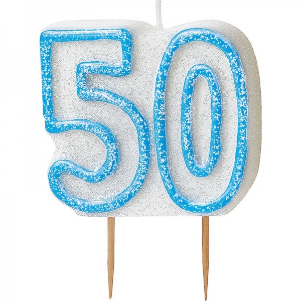 Felice blu scintillante 50 ° compleanno torta candela