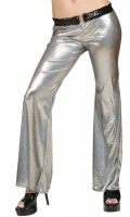 Widok: Obcisłe, błyszczące spodnie w srebrne dzwoneczki