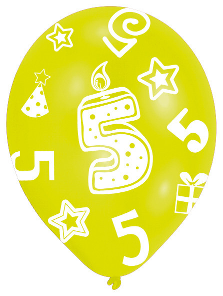 6 farverige balloner 5 års fødselsdag 27,5 cm 3